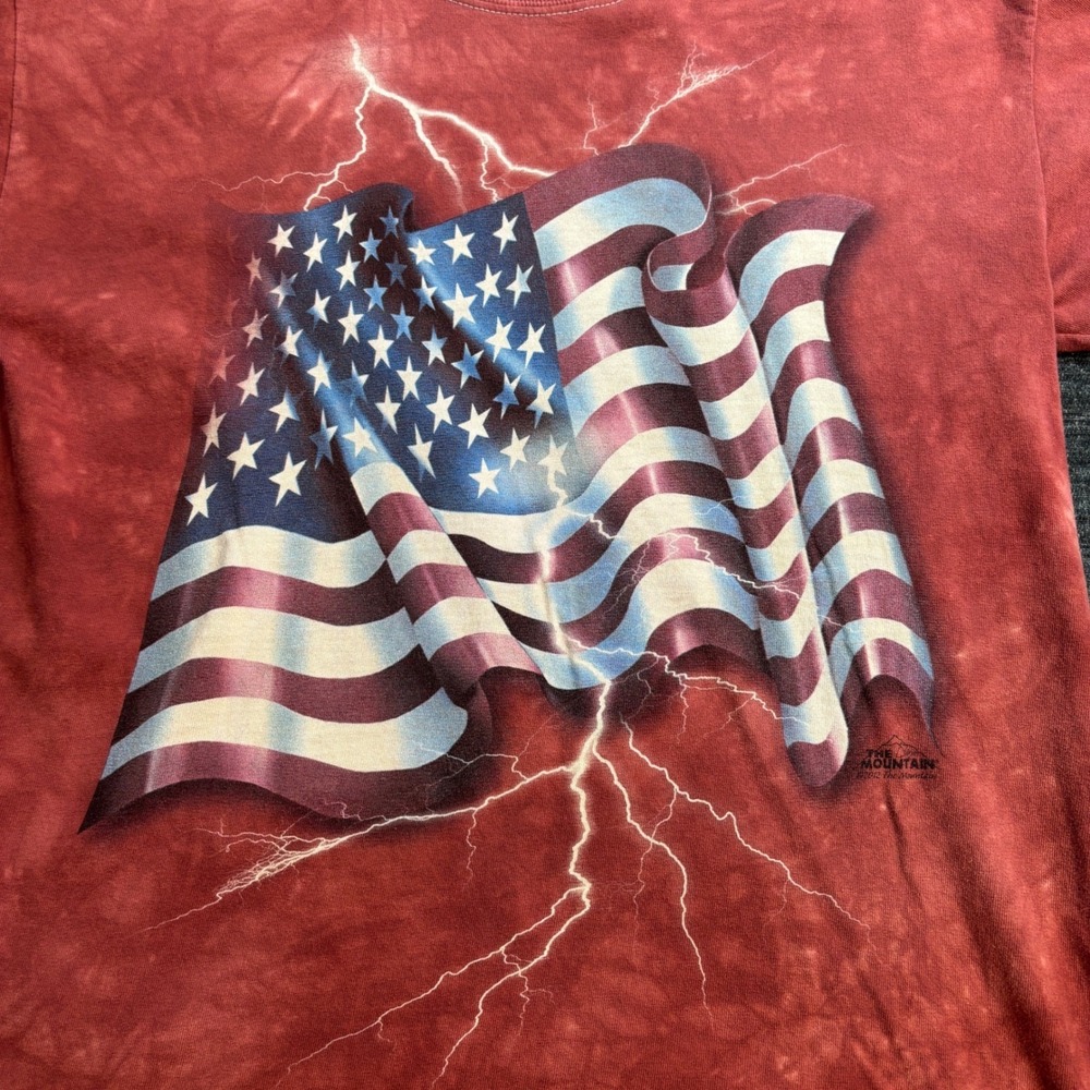 The Mountain American Flag Lightning Tie Dye Red T-Shirt Mens Small 2002 Vintage - Picture 2 of 7